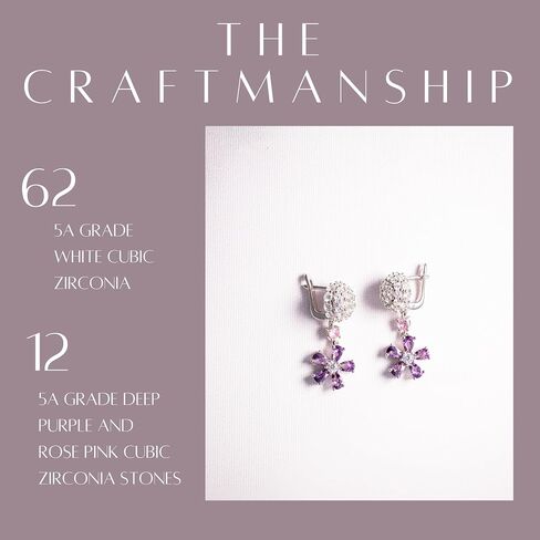 Lavender Amethyst Purple Pink Rose Womens Earrings Jewelry - Cubic Zirconia Dangle Earrings - Rhodium Plated - Sterling Silver - 5A Grade Clarity - CZ Earrings for Women in Saudi Arabia