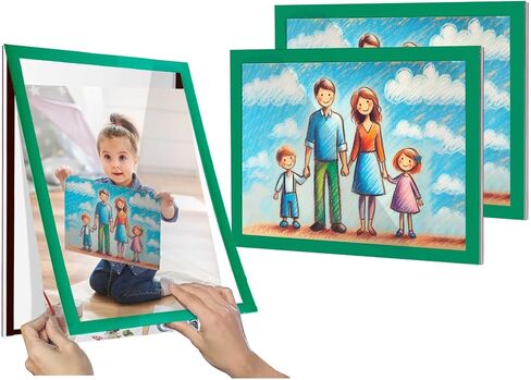 8.5" x 11" Magnetic Acrylic Sign Holder, Kids Artwork Frames Changeable for Wall, Easy Front Opening and Self Adhesive for Picture Display (Green, 3Pack) in Saudi Arabia