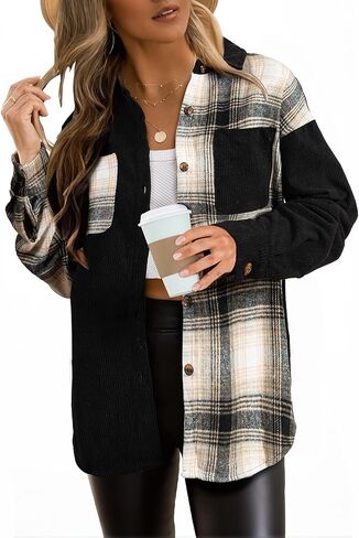 Astylish Women's Color Block Corduroy Shirts Long Sleeve Button Down Boyfriend Blouses Tops in Saudi Arabia