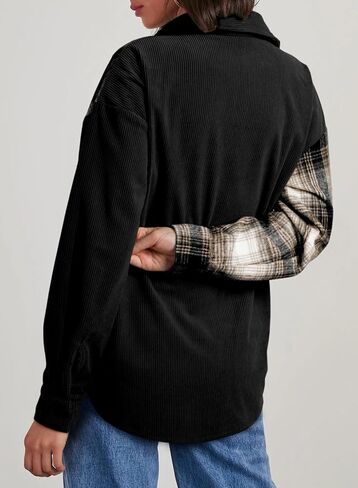 Astylish Women's Color Block Corduroy Shirts Long Sleeve Button Down Boyfriend Blouses Tops in Saudi Arabia
