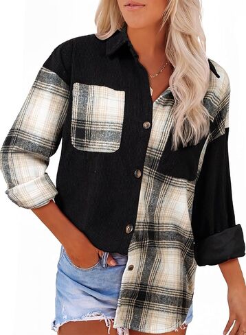Astylish Women's Color Block Corduroy Shirts Long Sleeve Button Down Boyfriend Blouses Tops in Saudi Arabia
