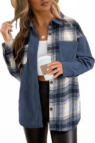 Astylish Women's Color Block Corduroy Shirts Long Sleeve Button Down Boyfriend Blouses Tops in Saudi Arabia