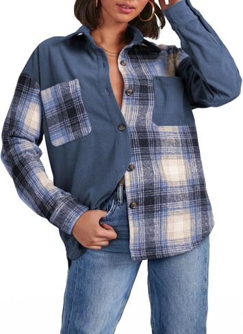 Astylish Women's Color Block Corduroy Shirts Long Sleeve Button Down Boyfriend Blouses Tops in Saudi Arabia