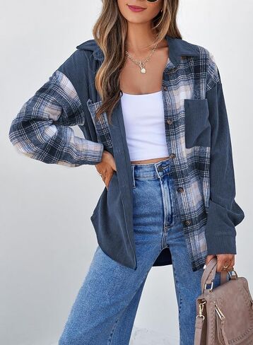 Astylish Women's Color Block Corduroy Shirts Long Sleeve Button Down Boyfriend Blouses Tops in Saudi Arabia