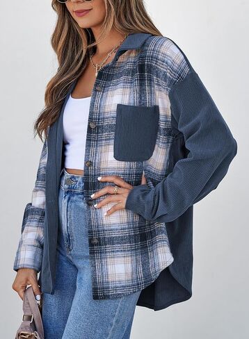 Astylish Women's Color Block Corduroy Shirts Long Sleeve Button Down Boyfriend Blouses Tops in Saudi Arabia