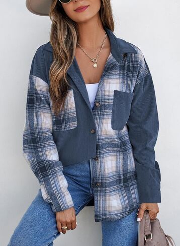 Astylish Women's Color Block Corduroy Shirts Long Sleeve Button Down Boyfriend Blouses Tops in Saudi Arabia