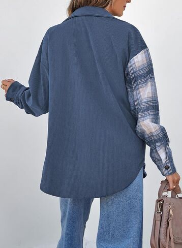 Astylish Women's Color Block Corduroy Shirts Long Sleeve Button Down Boyfriend Blouses Tops in Saudi Arabia