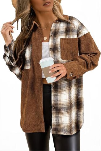 Astylish Women's Color Block Corduroy Shirts Long Sleeve Button Down Boyfriend Blouses Tops in Saudi Arabia