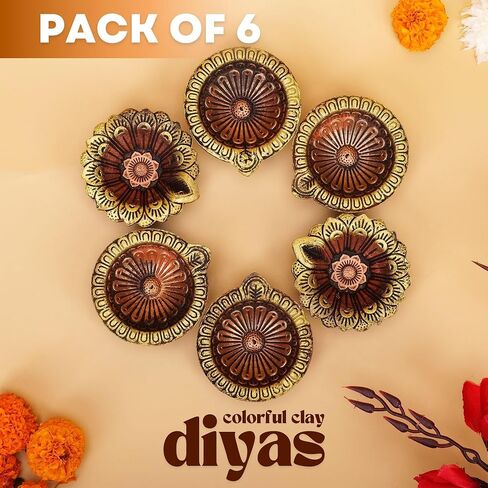 Diwali Diya Clay Diya - Diwali Decorations for Home ( Pack of 6 ) Diwali Decor Clay Diyas for Puja Diwali Return Gifts - Handmade Terracotta Diya with Cotton Wicks Hashcart® in Saudi Arabia