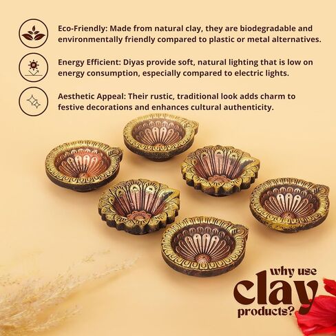 Diwali Diya Clay Diya - Diwali Decorations for Home ( Pack of 6 ) Diwali Decor Clay Diyas for Puja Diwali Return Gifts - Handmade Terracotta Diya with Cotton Wicks Hashcart® in Saudi Arabia