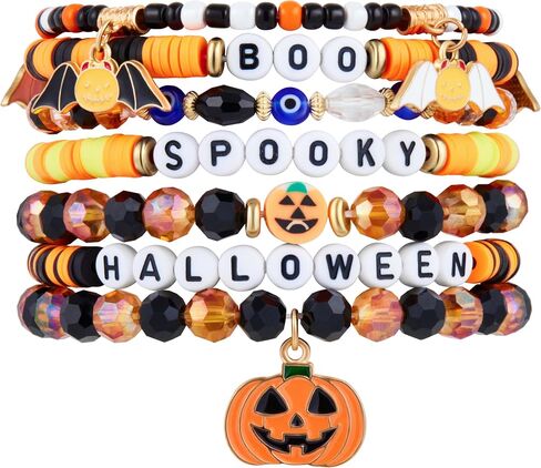 Halloween Bracelets Set for Women Men Halloween Stackable Handmade Bat Pumpkin Spider Skull Ghost Evil Eyes Decorations Artificial Crystal Soft Ceramic Layered Elastic Bracelet Jewelry Gifts in Saudi Arabia