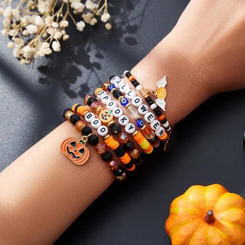 Halloween Bracelets Set for Women Men Halloween Stackable Handmade Bat Pumpkin Spider Skull Ghost Evil Eyes Decorations Artificial Crystal Soft Ceramic Layered Elastic Bracelet Jewelry Gifts in Saudi Arabia