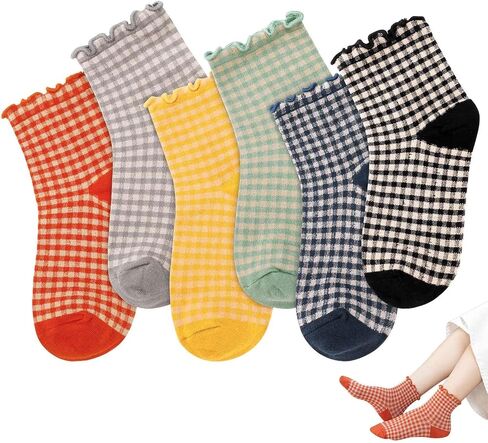 Novelty Socks Cute Ruffle Frilly Striped Socks Cotton Checkered Ankle Socks for Women and Girls in Saudi Arabia