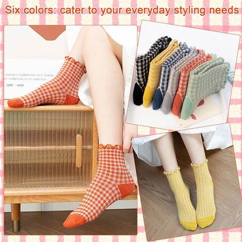 Novelty Socks Cute Ruffle Frilly Striped Socks Cotton Checkered Ankle Socks for Women and Girls in Saudi Arabia
