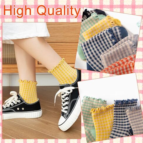 Novelty Socks Cute Ruffle Frilly Striped Socks Cotton Checkered Ankle Socks for Women and Girls in Saudi Arabia