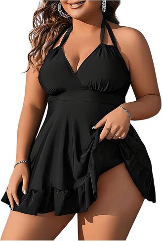 SOLY HUX Women's Plus Size Two Piece Swimsuit Ruffle Hem Halter Swim Dress Tankini Bathing Suit with Bottom in Saudi Arabia