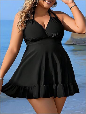 SOLY HUX Women's Plus Size Two Piece Swimsuit Ruffle Hem Halter Swim Dress Tankini Bathing Suit with Bottom in Saudi Arabia