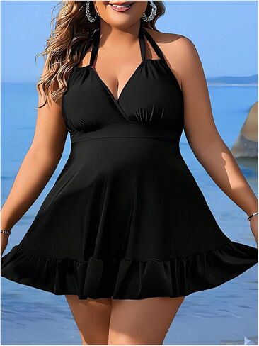 SOLY HUX Women's Plus Size Two Piece Swimsuit Ruffle Hem Halter Swim Dress Tankini Bathing Suit with Bottom in Saudi Arabia