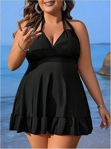 SOLY HUX Women's Plus Size Two Piece Swimsuit Ruffle Hem Halter Swim Dress Tankini Bathing Suit with Bottom in Saudi Arabia