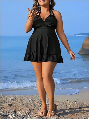SOLY HUX Women's Plus Size Two Piece Swimsuit Ruffle Hem Halter Swim Dress Tankini Bathing Suit with Bottom in Saudi Arabia