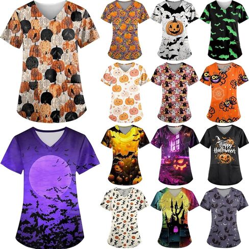 Women's Halloween Nurses Medical Scrub Top Halloween Devil Cat Pumpkin Printed Plus Size Workout Scrubs Shirts Uniform in Saudi Arabia