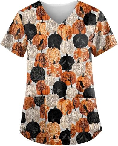 Women's Halloween Nurses Medical Scrub Top Halloween Devil Cat Pumpkin Printed Plus Size Workout Scrubs Shirts Uniform in Saudi Arabia