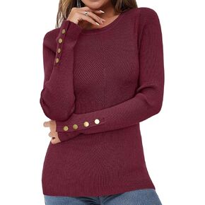 Newshows Women's Solid Long Sleeve Knit Crew Neck Button Stretch Casual Pullover Sweater