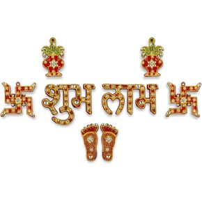 IndoTribe 8Pc Set Shubh Labh Sticker Diwali Charan Diwali Decorations For House Laxmi Feet Sticker Subh Labh Stickers Door Decorations Diwali Door Decorations Diwali Door Stickers Lakshmi Feet sticker