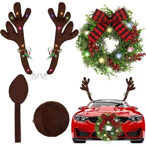Yunlly 13 Inch Christmas Car Wreath Reindeer Antlers Car Kit with LED Lights, Glowing LED Car Reindeer Antlers with Bells Reindeer and Nose Kit Xmas Wreath Bow Decor Car Exterior(Pine and Cypress) in Kuwait