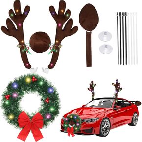 Yunlly 13 Inch Christmas Car Wreath Reindeer Antlers Car Kit with LED Lights, Glowing LED Car Reindeer Antlers with Bells Reindeer and Nose Kit Xmas Wreath Bow Decor Car Exterior(Pine and Cypress)