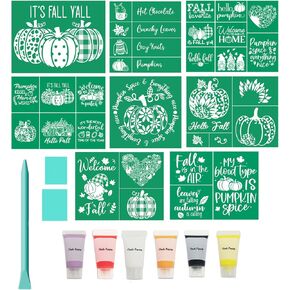 JAJADO 17 Pcs Halloween Silk Screen Stencils Chalk Paste Paint, 8pcs Fall Halloween Adhesive Stencils Silk Screen Transfers, 6pcs 1.7oz/50ml Stencil Paint on Wood Shirts Holiday Halloween Home Decor in Kuwait