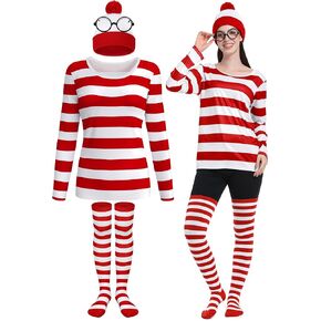 4 Pieces Adult Halloween Costume Set, Womens Costume Set Cosplay Red and White Striped Shirt Beanie Hat Nerd Glasses