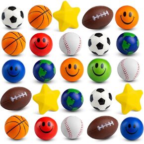 Bulk Mini Stress Balls (25 Pack) 2-3 Inch Soft Squeezable Sensory Fidget Balls, in a Variety of Shapes and Colors, for Kids Party Favors, Birthday Gifts for Boys & Girls