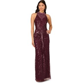 Adrianna Papell Women's Halter Bead Drape Long Dress