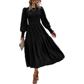 PRETTYGARDEN Women 2024 Puff Long Sleeve Crewneck Smocked Maxi Dress Solid Empire Waist Tiered A-line Swing Flowy Long Dress