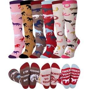 Chuarry 6 Pairs Funny Equestrian Socks for Women Knee High Horse Riding Socks Novelty Western Boot Socks for Horse Lover Gifts Equestrians Cow Derby Party Favors