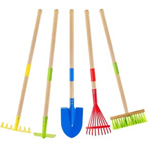 Theefun Kids Garden Tool Set: Safe Toddler Size Hoe, Rake, Shovel, Leaf Rake, Broom 5-Piece Kids Gardening Tools with Wooden Handle and Metal Head for Child Christmas Outdoor Toys Gift for Boys Girls