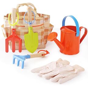 Kids Gardening Tools Set, Toddler Play Kit Child Outdoor Toy with Gloves, Watering Can, Wooden Shovel, Rake, Fork & Storage Bag, Summer Backyard Sand Digging Birthday Gift for Boys Girls 3-5 (Blue)