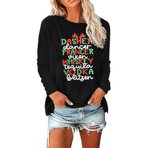 Dasher Dancer Christmas Shirts Women Reindeer Christmas Long Sleeve Shirts Casual Xmas Holliday Tee Blouse