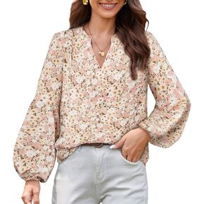 JASAMBAC Women's Casual V Neck Floral Print Smocked Long Sleeve Chiffon Blouses Bohemian Top Shirts