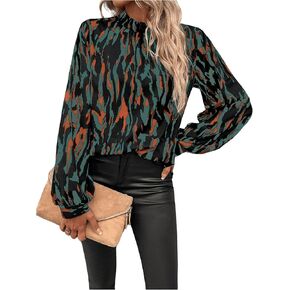 OYOANGLE Women's Printed Lantern Long Sleeve Mock Neck Blouse Frill Trim Shirt Top