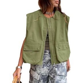 Womens Casual Zip Up Cargo Vest Top Oversized Lightweight Ruched Hem Sleeveless Blazer Jackets Vest Tops