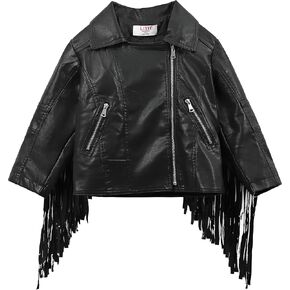 LJYH Girls Tassel Moto Faux Leather Short Jackets Classic Biker Fringe Cropped Coats