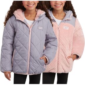 Reebok Girls' Reversible Puffer Jacket - Quilted Winter Coat with Snow Fleece Lining - Warm Hooded Jacket for Girls (7-16)