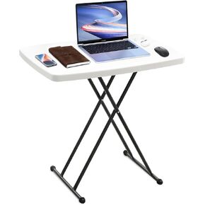 Plastic White Folding Tray Table, Heavy Duty Utility Table, 30" L x 19.5" W with 7.5"-29" Adjust Height, Portable Desk for Camping, Playing Cards, Crafting by Home and Picnic of Outdoor