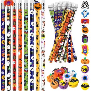 Glenmal 100 Pcs Scented Halloween Pencils for Kids Fruit Scent HB Graphite Pencils with 100 Pcs Cartoon Pencil Toppers Silicone Eraser Gift for School Office Classroom Party Reward Supplies