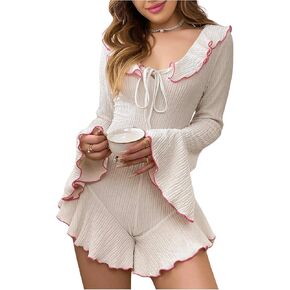 Verdusa Women's Ruffled Long Sleeve One Piece Pajama Onesie Sleepwear Romper