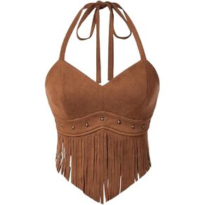 Women's Y2K Fringe Halter Top Western Cowgirl Tie Tank Top Tassel Rivet Faux Suede Hippie Crop Top 70s 60s Vintage
