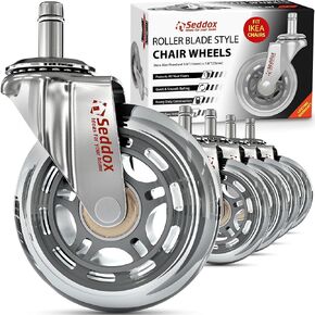 Office Chair Wheels Replacement Set 10mm (3/8" x 7/8") Stem - Fits IKEA Chairs ONLY - Soft Desk Chair Casters for Wood Floors & Carpet - Heavy Duty & Safe for All Floors without Chair Mats - Silver