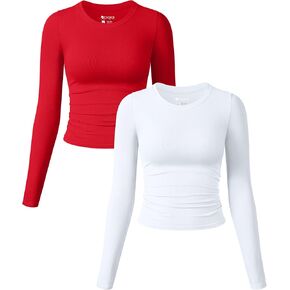 OQQ Womens 2 Piece Shirts Long Sleeve Crew Neck Ruched Stretch Basic Fitted Tee Shirts Tops